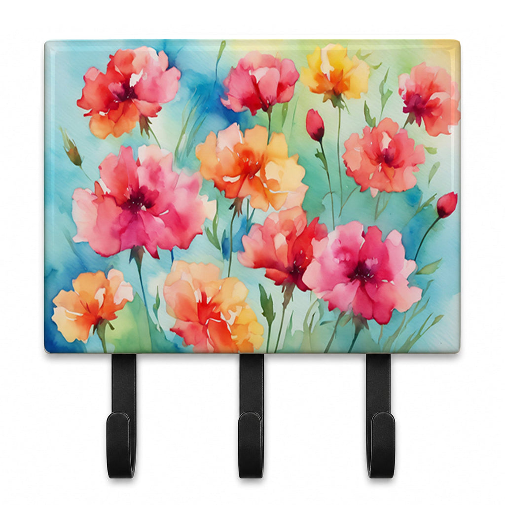 Carnations in Watercolor Leash or Key Holder Wall Hooks, Coat Rack Wall Mount, for Hanging Keys, Towels, Aprons, Leashes