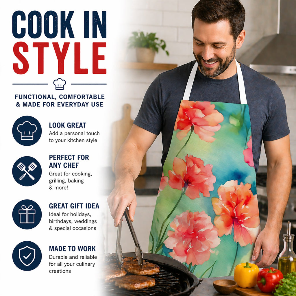 Carnations in Watercolor Apron Cooking Kitchen Server Baking Crafts Gardening for Adult Women Men, Unisex, Large, Multicolor