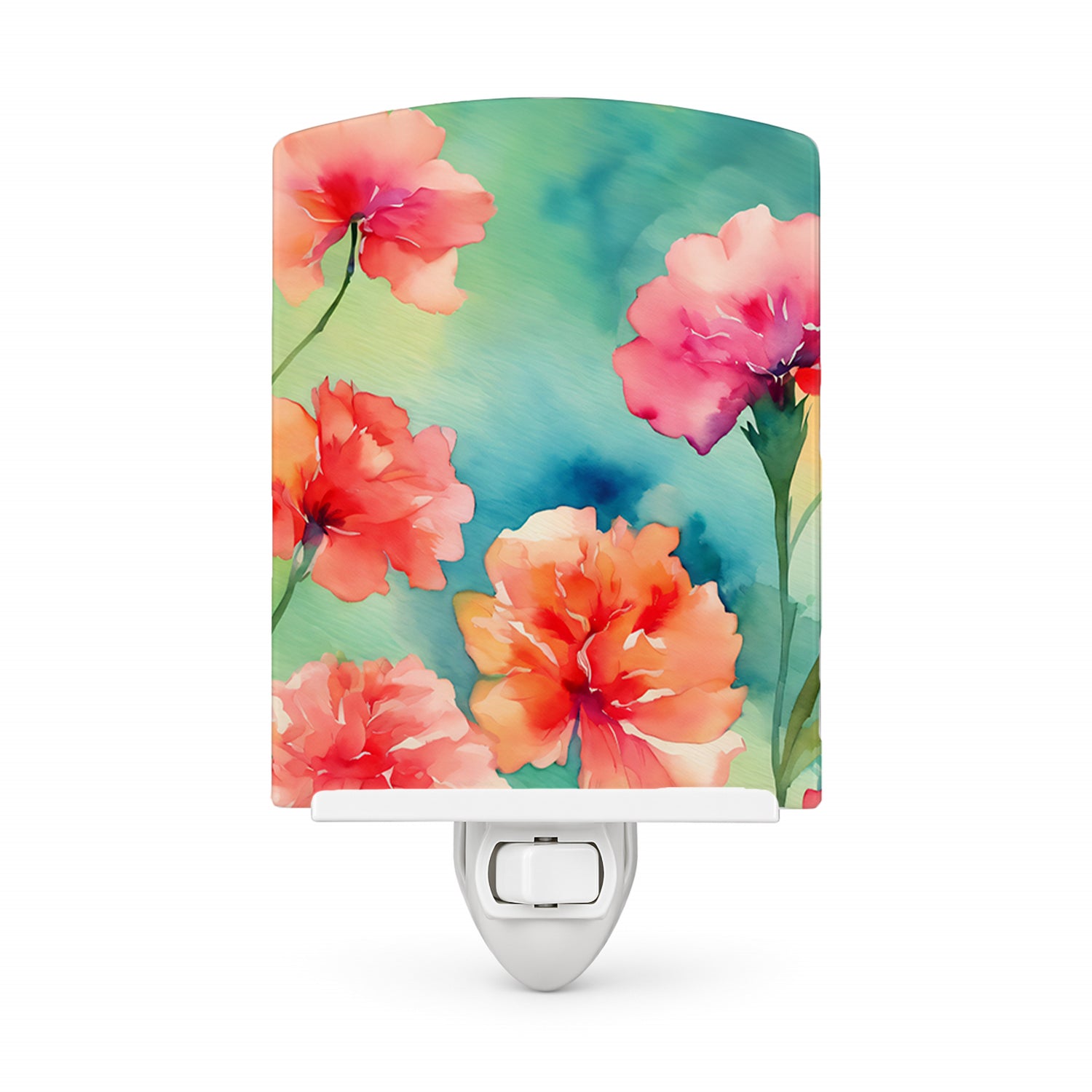 Carnations in Watercolor Ceramic Night Light Compact, UL-Certified, Ideal for Bedroom, Bathroom, Nursery, Hallway, Kitchen, 6x4x3, Multicolor