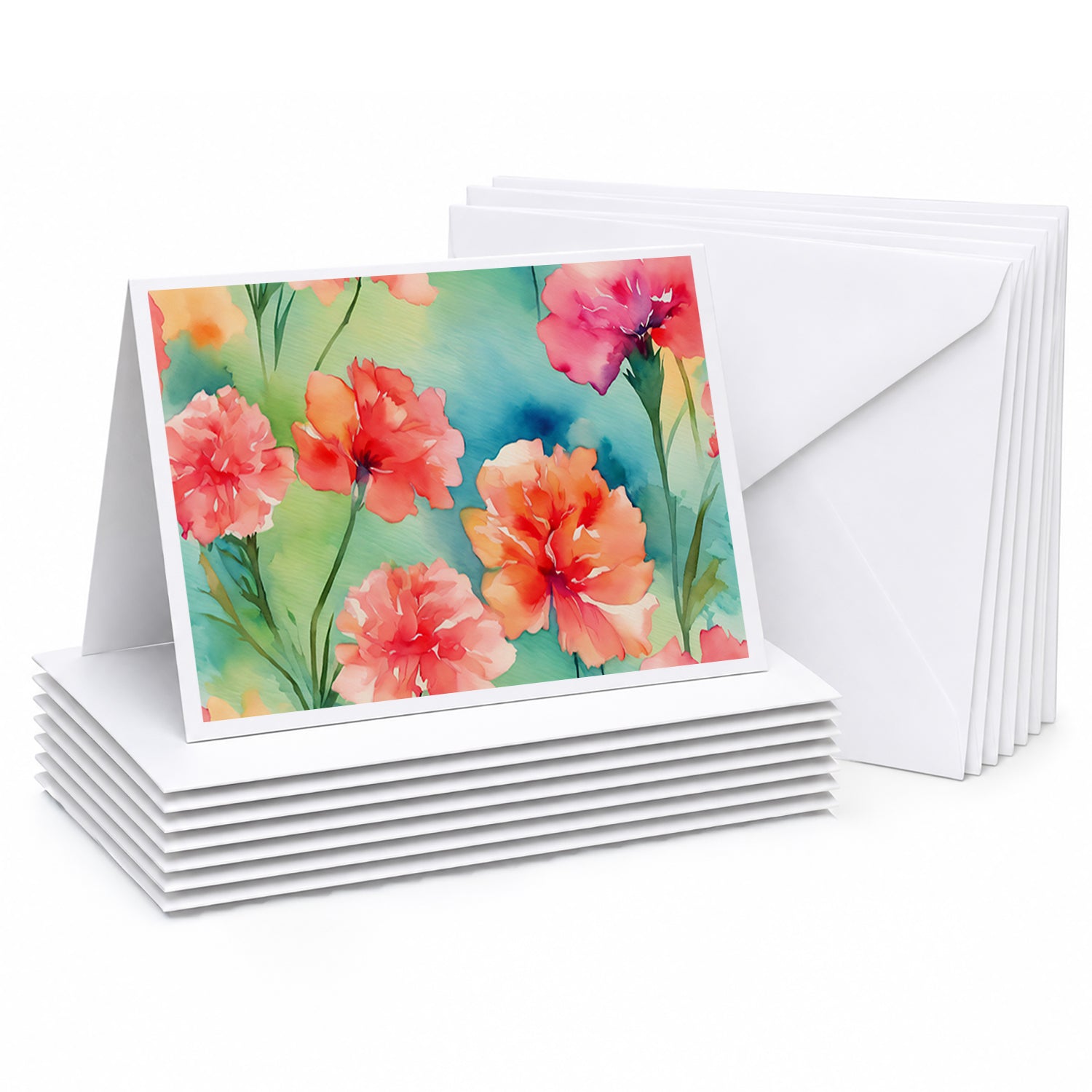 Carnations in Watercolor Greeting Cards Pack of 8 Blank Cards with Envelopes Whimsical A7 Size 5x7