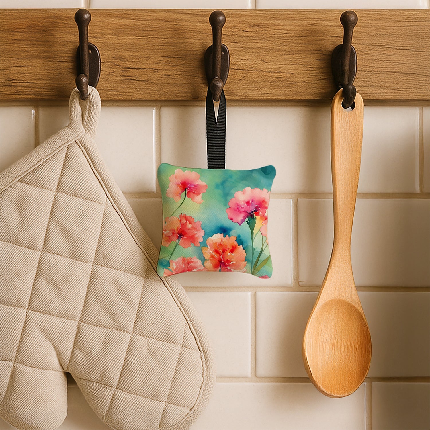Carnations in Watercolor Hanging Square Fabric Ornament 3.5 × 3.5 Decorative Door-Knob & Tree Hanger, Soft Fabric