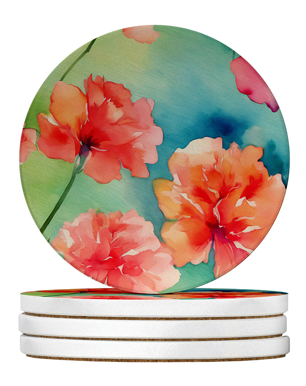 Carnations in Watercolor Large Sandstone Coasters Pack of 4 Absorbent Round Coasters Decor Gifts for Men or Women, 4 in, Multicolor