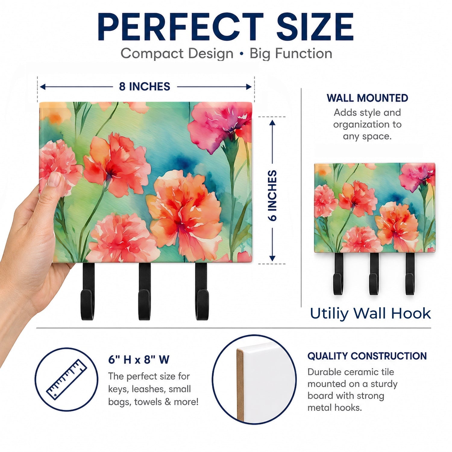 Carnations in Watercolor Leash or Key Holder Wall Hooks, Coat Rack Wall Mount, for Hanging Keys, Towels, Aprons, Leashes