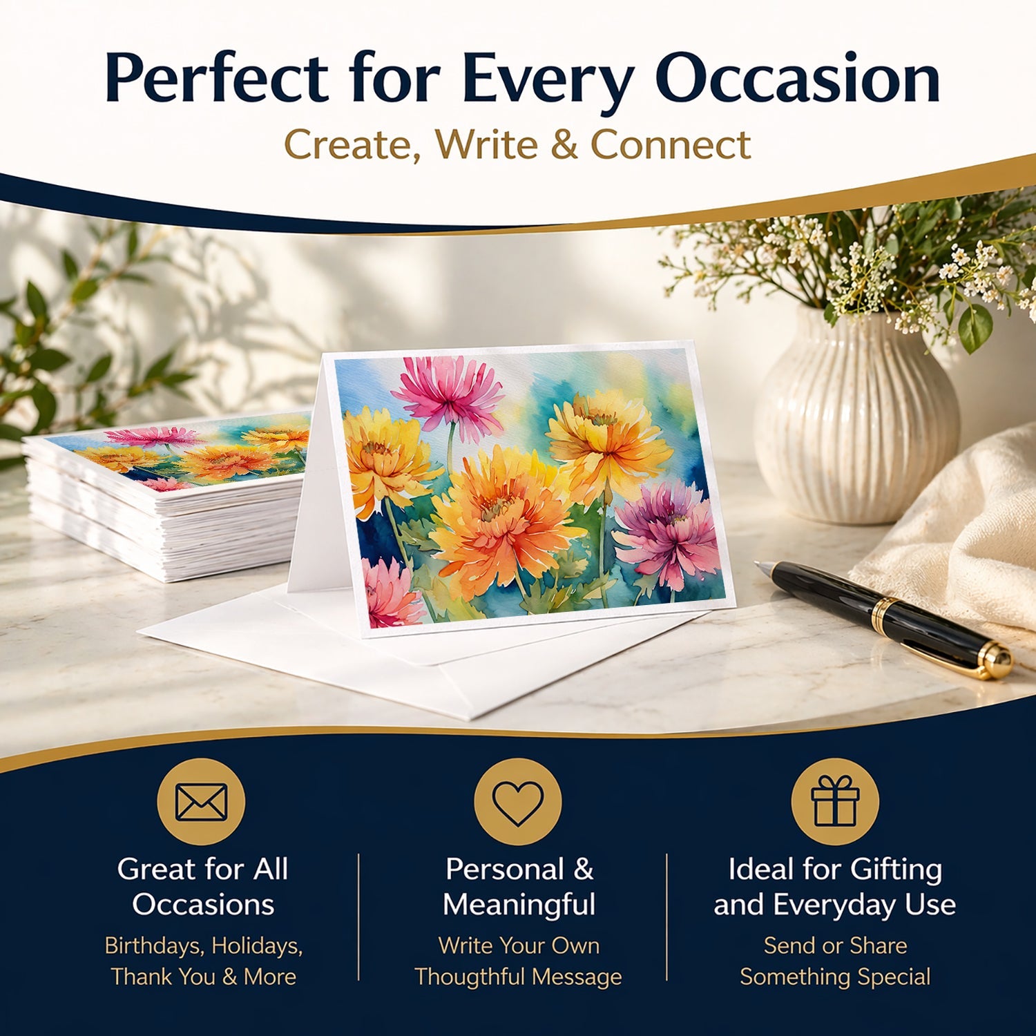 Chrysanthemums in Watercolor Greeting Cards Pack of 8 Blank Cards with Envelopes Whimsical A7 Size 5x7