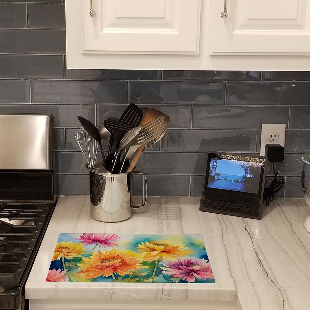 Chrysanthemums in Watercolor Cutting Board Tempered Glass Kitchen Cutting Surface, Heat Resistant Chopping, Non-Slip Feet, Food Prep & Serving