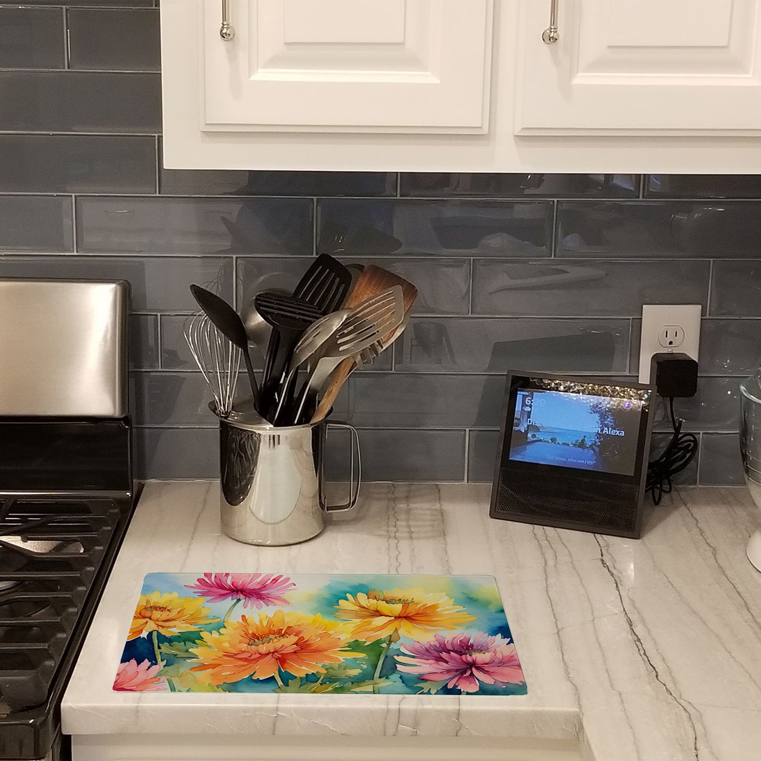 Chrysanthemums in Watercolor Cutting Board Tempered Glass Kitchen Cutting Surface, Heat Resistant Chopping, Non-Slip Feet, Food Prep & Serving