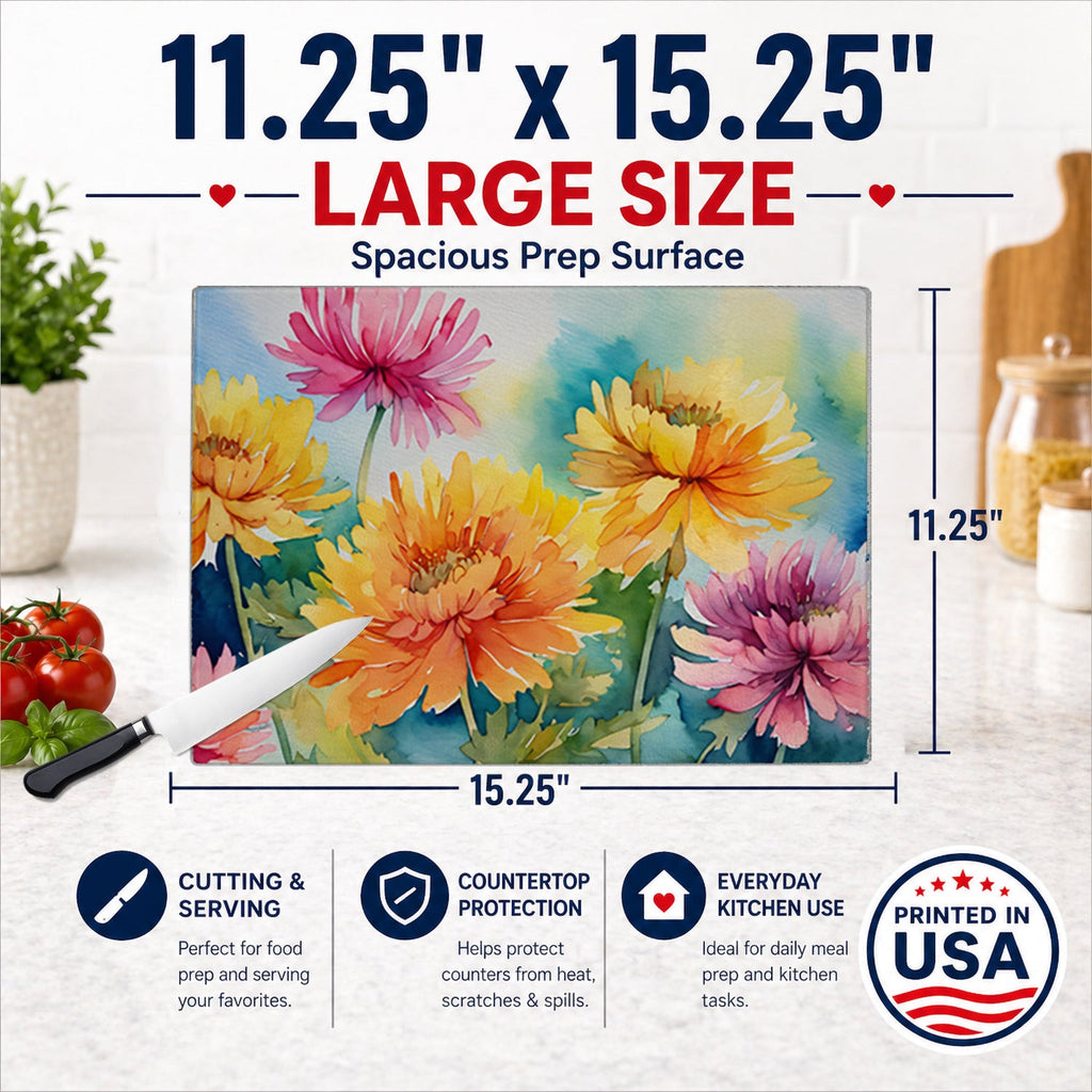 Chrysanthemums in Watercolor Cutting Board Tempered Glass Kitchen Cutting Surface, Heat Resistant Chopping, Non-Slip Feet, Food Prep & Serving