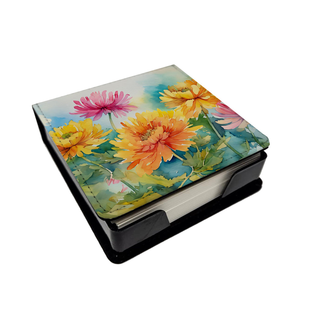 Chrysanthemums in Watercolor PU Leather Note Paper Holder with Artist-Designed Cover, Desk Accessory, Office Gift