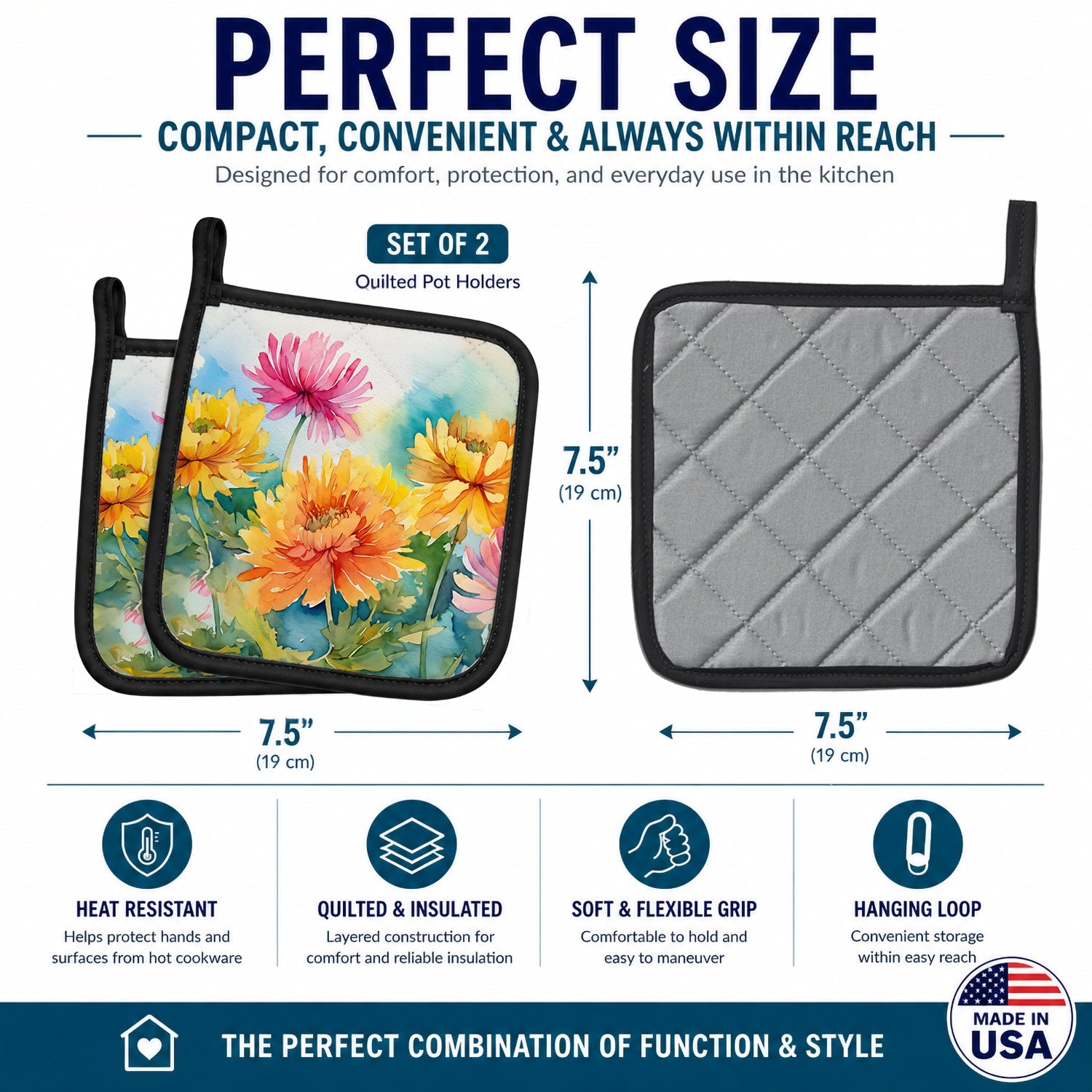 Chrysanthemums in Watercolor Pot Holder Set of 2 Heat Resistant Quilted Hot Pads 7.5 x 7.5 Inch, Insulated Kitchen Trivets for Cooking & Baking