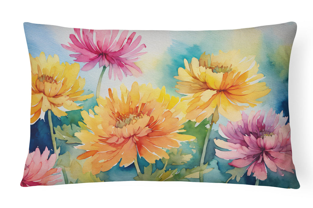Chrysanthemums in Watercolor Decorative Throw Pillow 12x16 Indoor Outdoor Accent Cushion, Fabric Cover with Insert for Sofa, Bed, Porch & Living Room