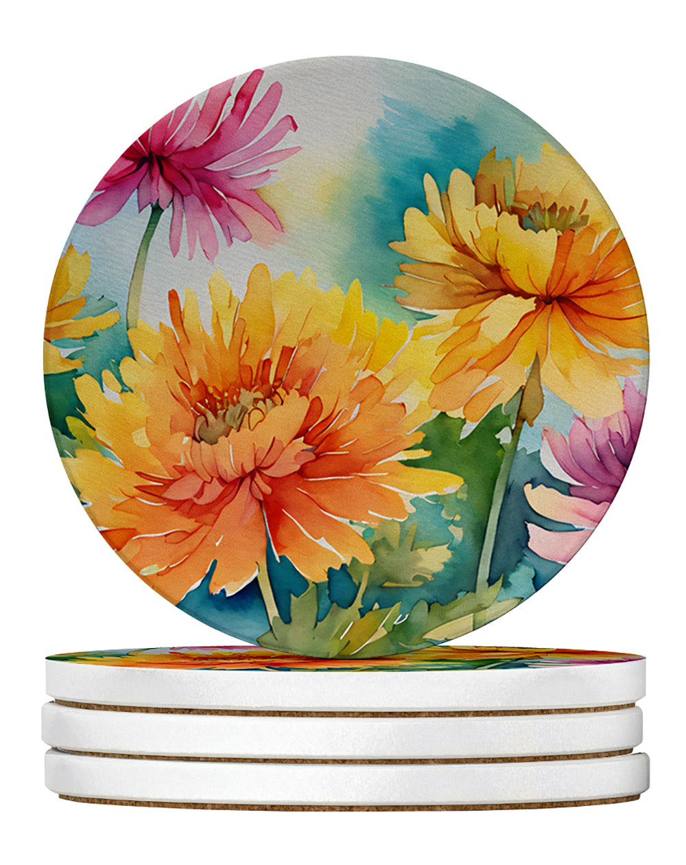 Chrysanthemums in Watercolor Large Sandstone Coasters Pack of 4 Absorbent Round Coasters Decor Gifts for Men or Women, 4 in, Multicolor