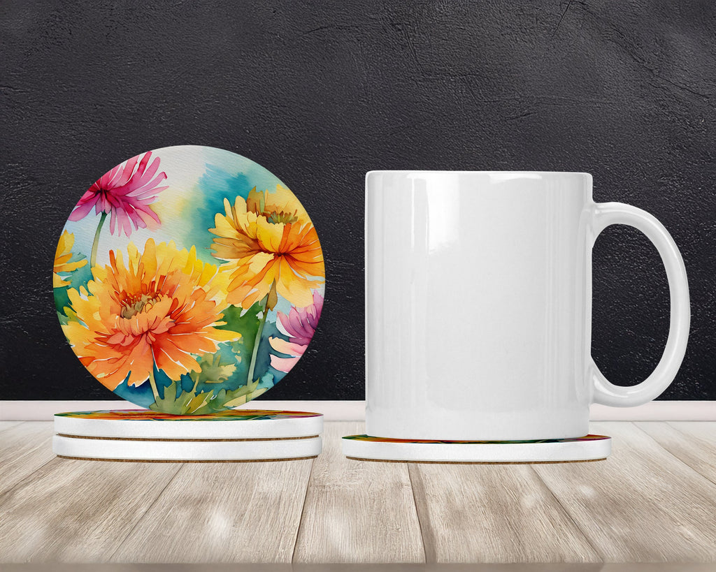 Chrysanthemums in Watercolor Large Sandstone Coasters Pack of 4 Absorbent Round Coasters Decor Gifts for Men or Women, 4 in, Multicolor