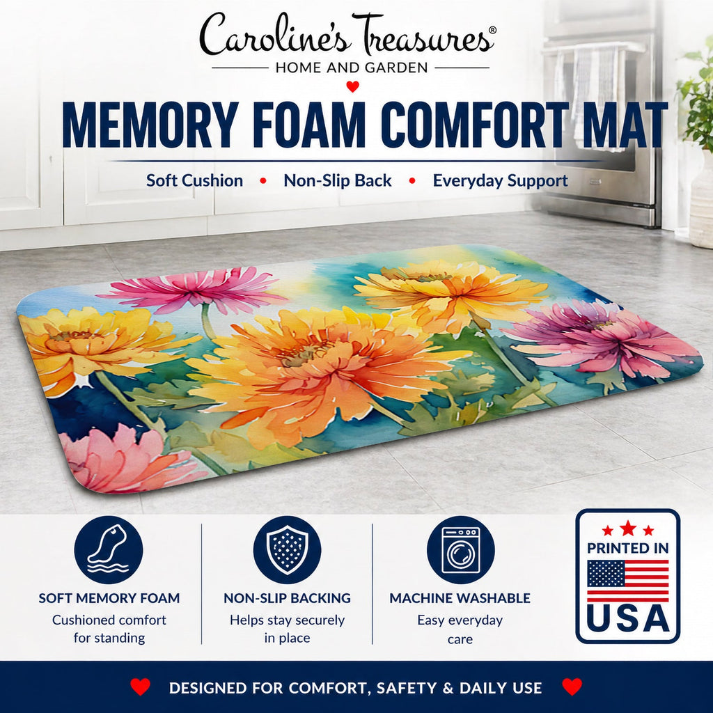 Chrysanthemums in Watercolor Memory Foam Kitchen Mat Machine Washable Anti-Fatigue Cushion Comfort Bath or Kitchen Rug