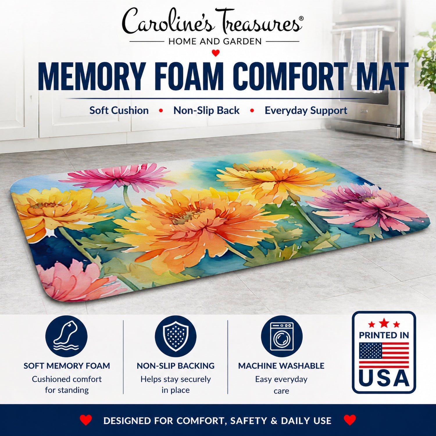 Chrysanthemums in Watercolor Memory Foam Kitchen Mat Machine Washable Anti-Fatigue Cushion Comfort Bath or Kitchen Rug