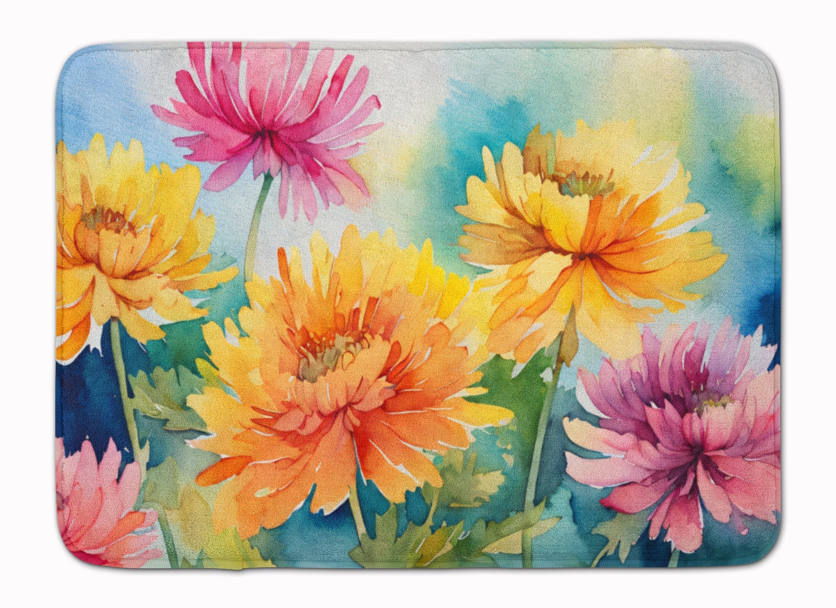 Chrysanthemums in Watercolor Memory Foam Kitchen Mat Machine Washable Anti-Fatigue Cushion Comfort Bath or Kitchen Rug