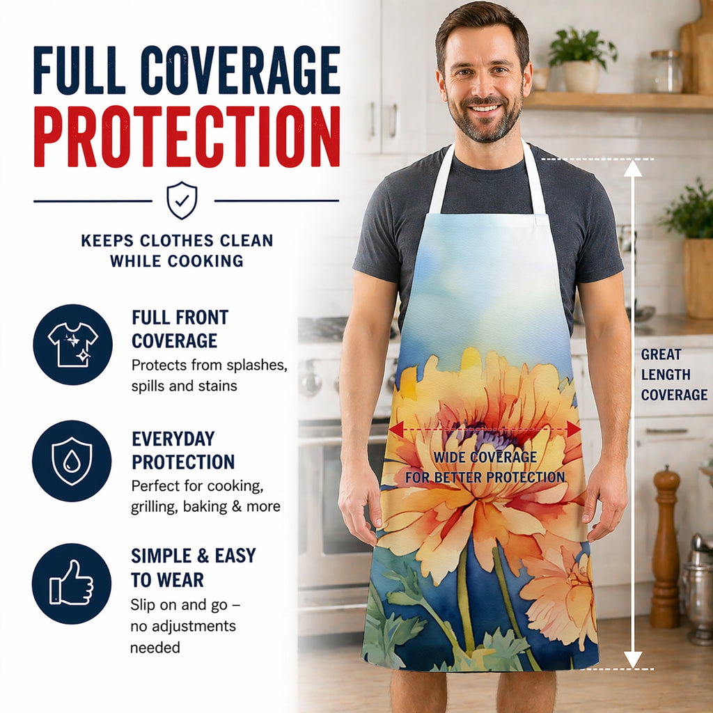 Chrysanthemums in Watercolor Apron Cooking Kitchen Server Baking Crafts Gardening for Adult Women Men, Unisex, Large, Multicolor