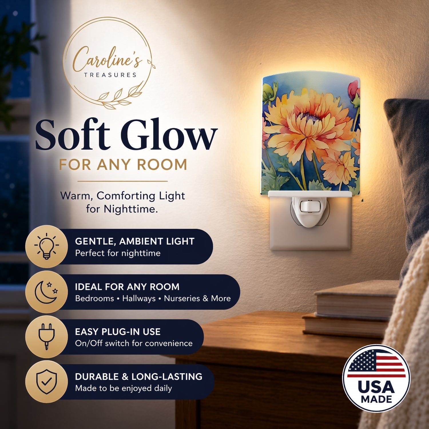 Chrysanthemums in Watercolor Ceramic Night Light Compact, UL-Certified, Ideal for Bedroom, Bathroom, Nursery, Hallway, Kitchen, 6x4x3, Multicolor