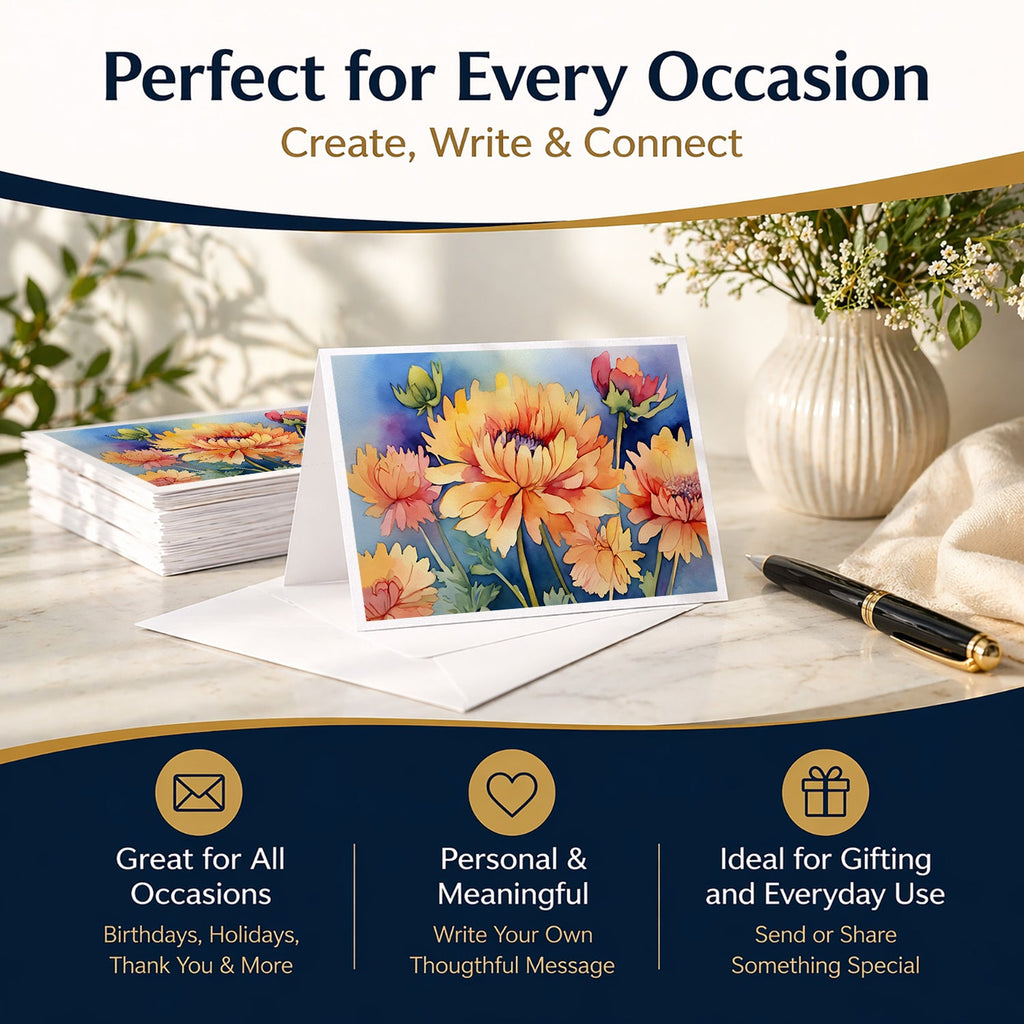 Chrysanthemums in Watercolor Greeting Cards Pack of 8 Blank Cards with Envelopes Whimsical A7 Size 5x7