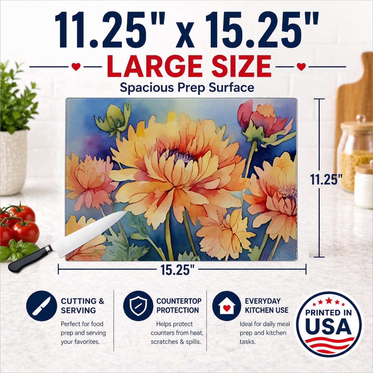 Chrysanthemums in Watercolor Cutting Board Tempered Glass Kitchen Cutting Surface, Heat Resistant Chopping, Non-Slip Feet, Food Prep & Serving