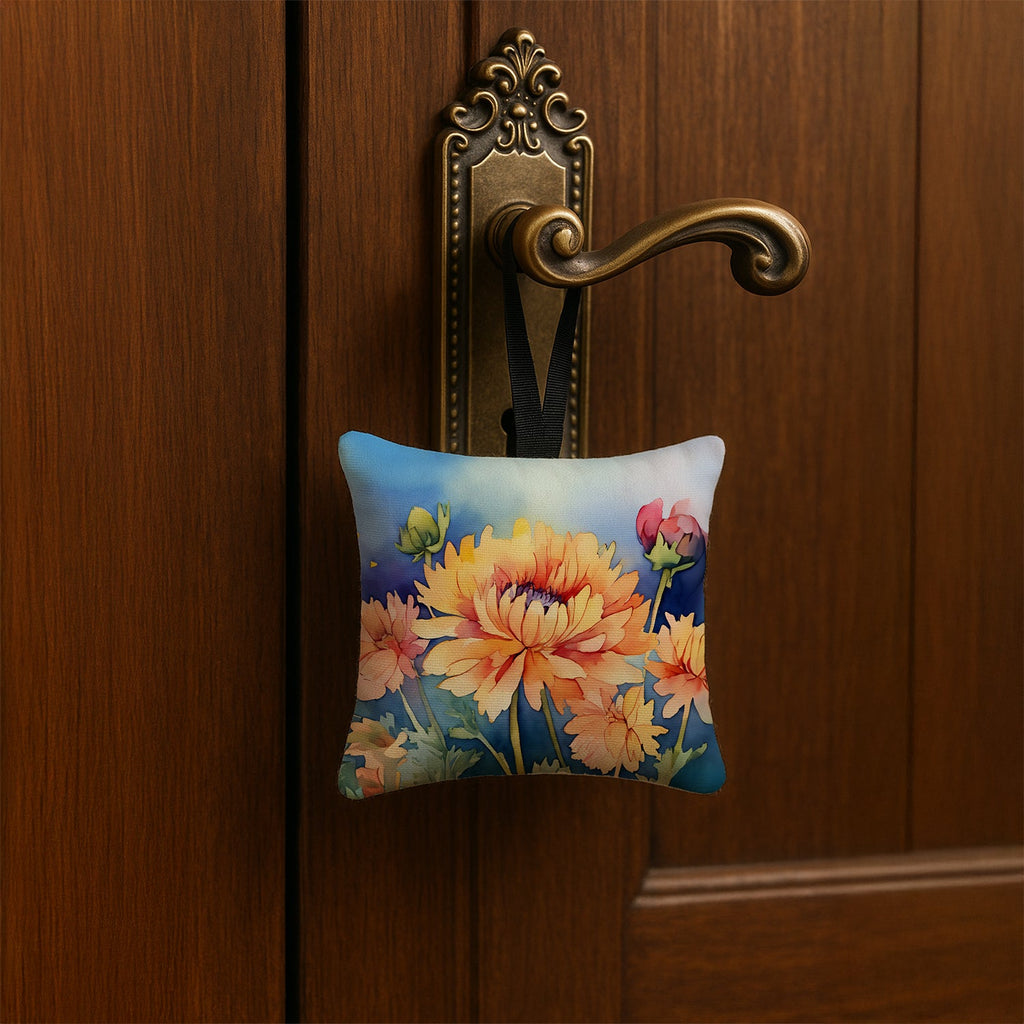 Chrysanthemums in Watercolor Hanging Square Fabric Ornament 3.5 × 3.5 Decorative Door-Knob & Tree Hanger, Soft Fabric