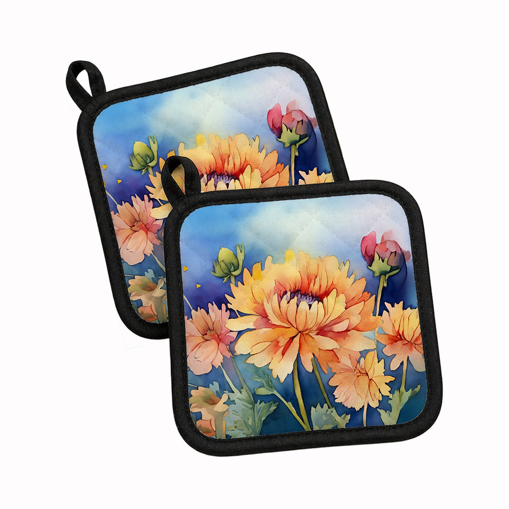 Chrysanthemums in Watercolor Pot Holder Set of 2 Heat Resistant Quilted Hot Pads 7.5 x 7.5 Inch, Insulated Kitchen Trivets for Cooking & Baking