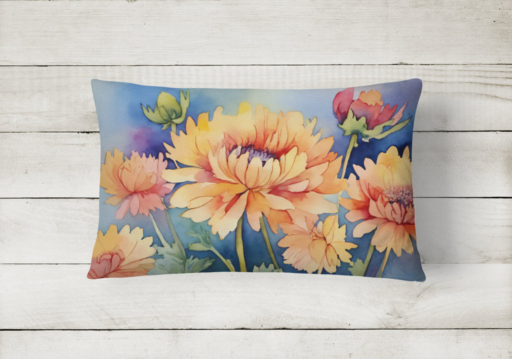 Chrysanthemums in Watercolor Decorative Throw Pillow 12x16 Indoor Outdoor Accent Cushion, Fabric Cover with Insert for Sofa, Bed, Porch & Living Room