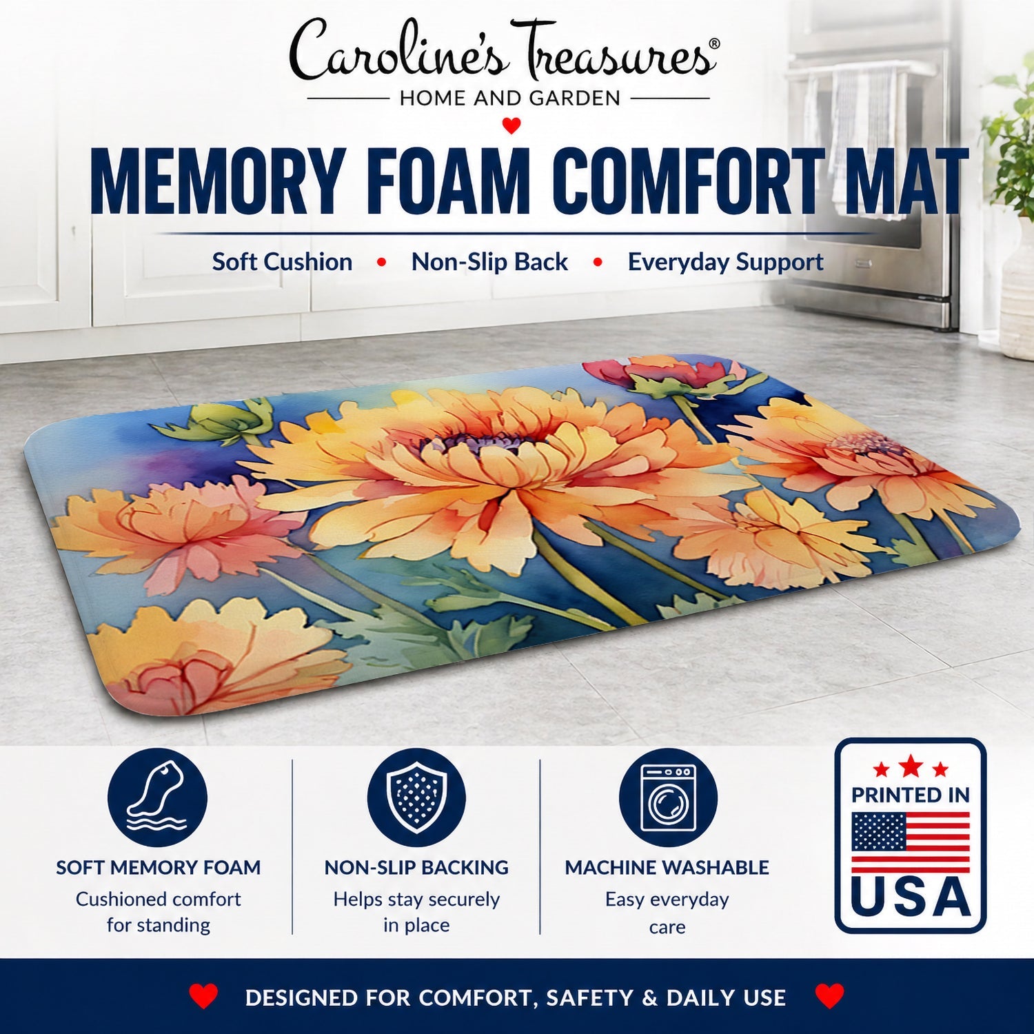 Chrysanthemums in Watercolor Memory Foam Kitchen Mat Machine Washable Anti-Fatigue Cushion Comfort Bath or Kitchen Rug