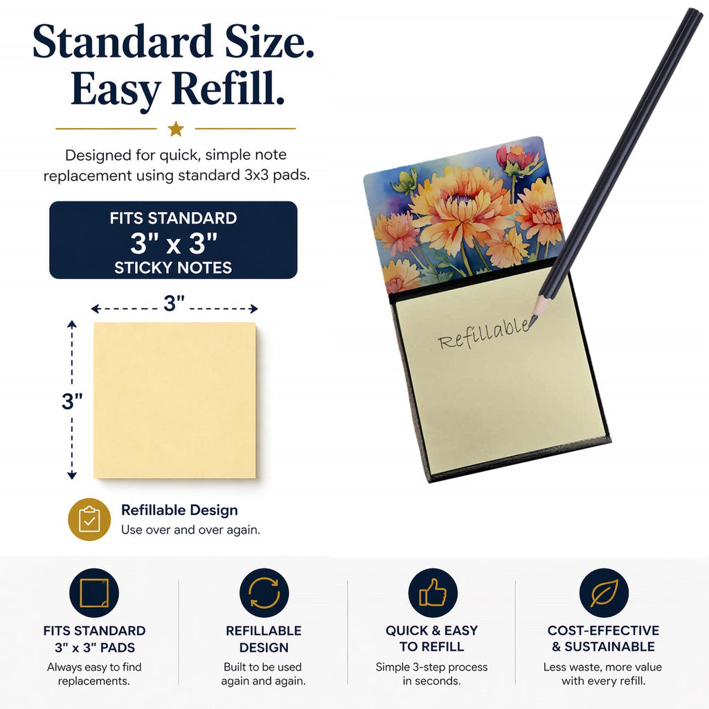 Chrysanthemums in Watercolor Watercolor Sticky Note Holder Refillable Dispenser Desk Accessory 3x3 Pad Gift