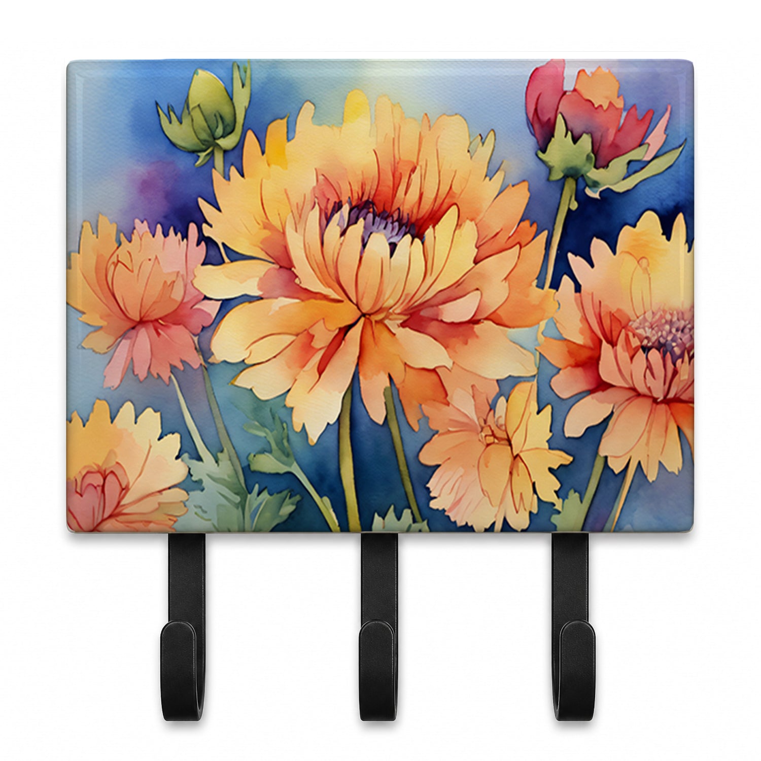 Chrysanthemums in Watercolor Leash or Key Holder Wall Hooks, Coat Rack Wall Mount, for Hanging Keys, Towels, Aprons, Leashes
