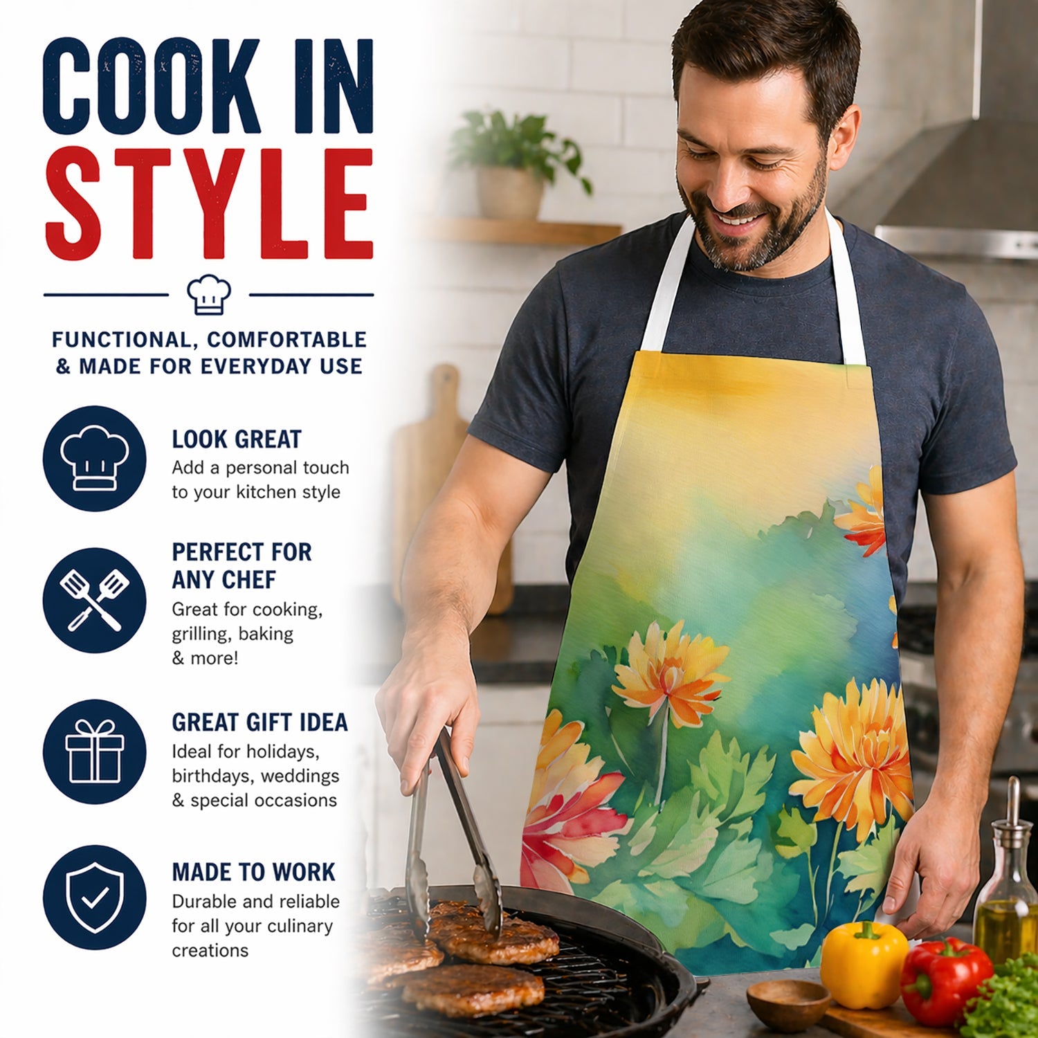 Chrysanthemums in Watercolor Apron Cooking Kitchen Server Baking Crafts Gardening for Adult Women Men, Unisex, Large, Multicolor