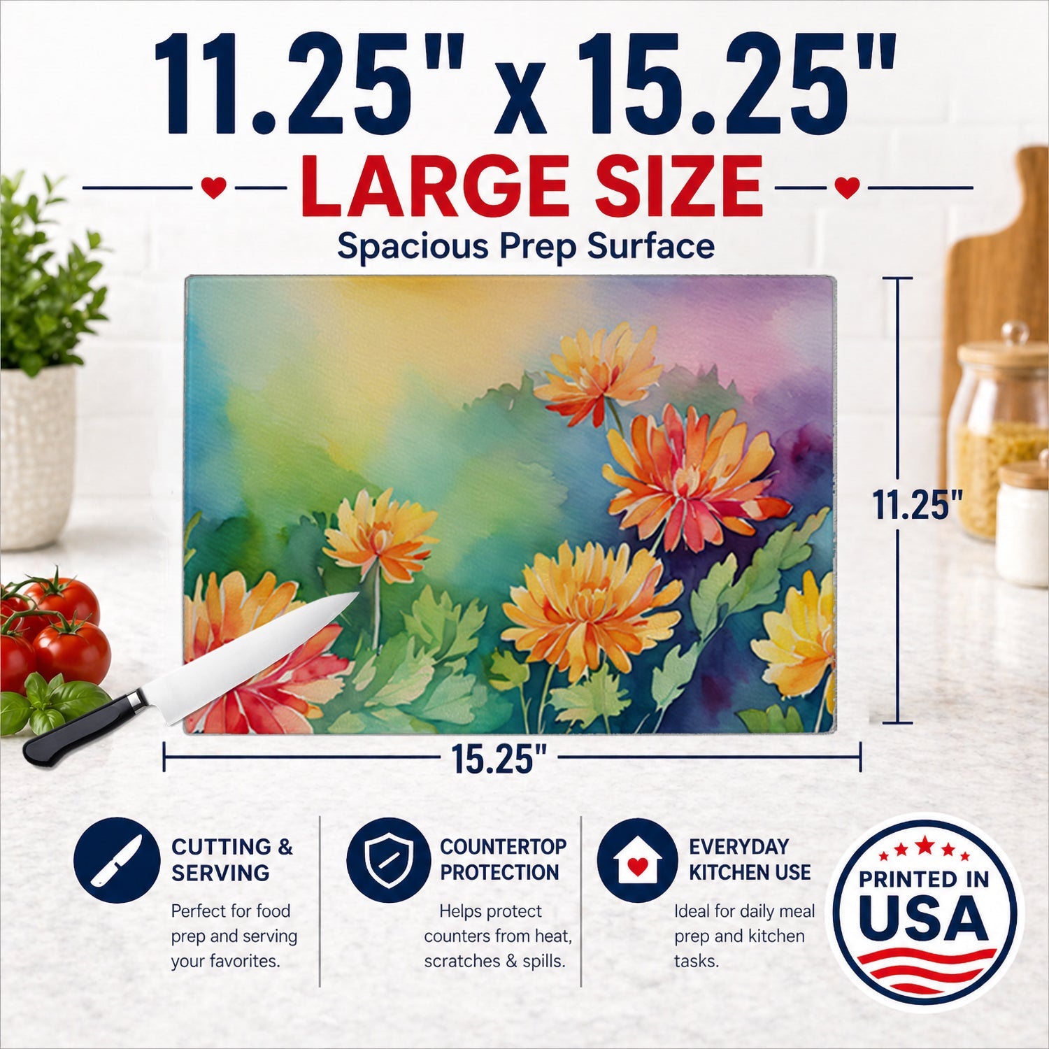 Chrysanthemums in Watercolor Cutting Board Tempered Glass Kitchen Cutting Surface, Heat Resistant Chopping, Non-Slip Feet, Food Prep & Serving