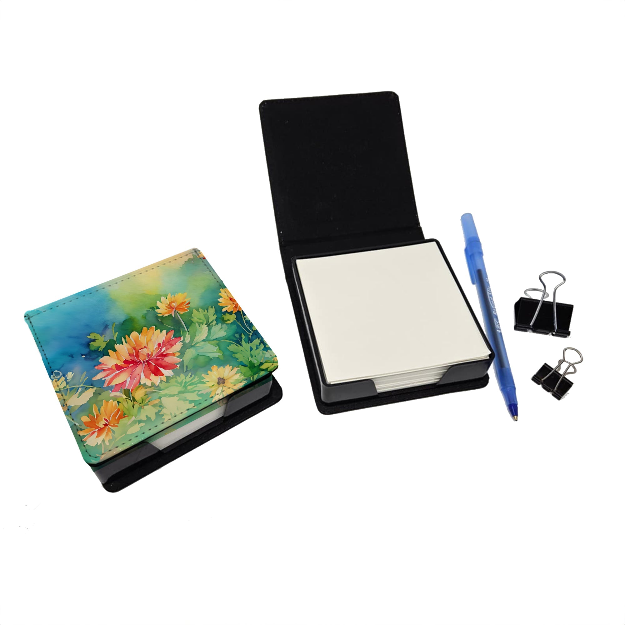Chrysanthemums in Watercolor PU Leather Note Paper Holder with Artist-Designed Cover, Desk Accessory, Office Gift