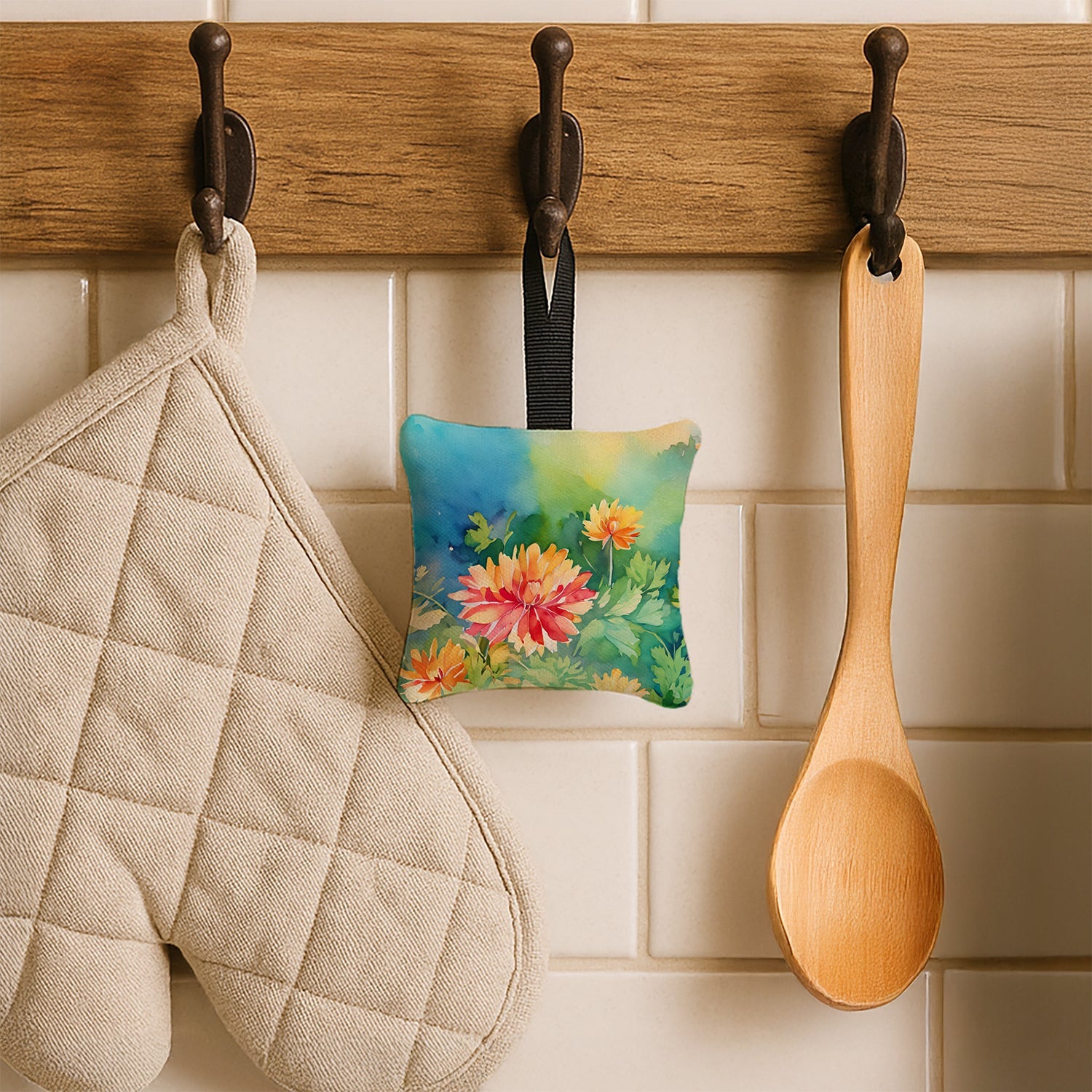 Chrysanthemums in Watercolor Hanging Square Fabric Ornament 3.5 × 3.5 Decorative Door-Knob & Tree Hanger, Soft Fabric