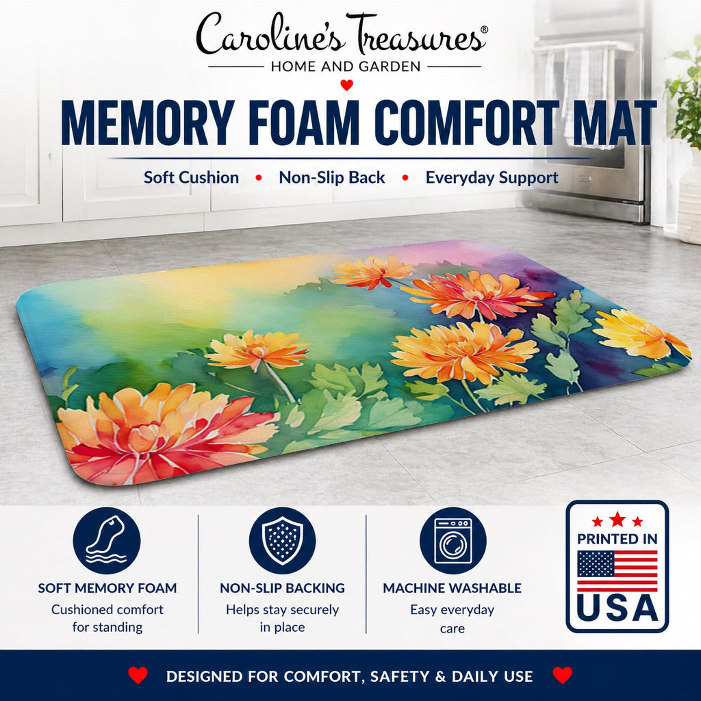Chrysanthemums in Watercolor Memory Foam Kitchen Mat Machine Washable Anti-Fatigue Cushion Comfort Bath or Kitchen Rug