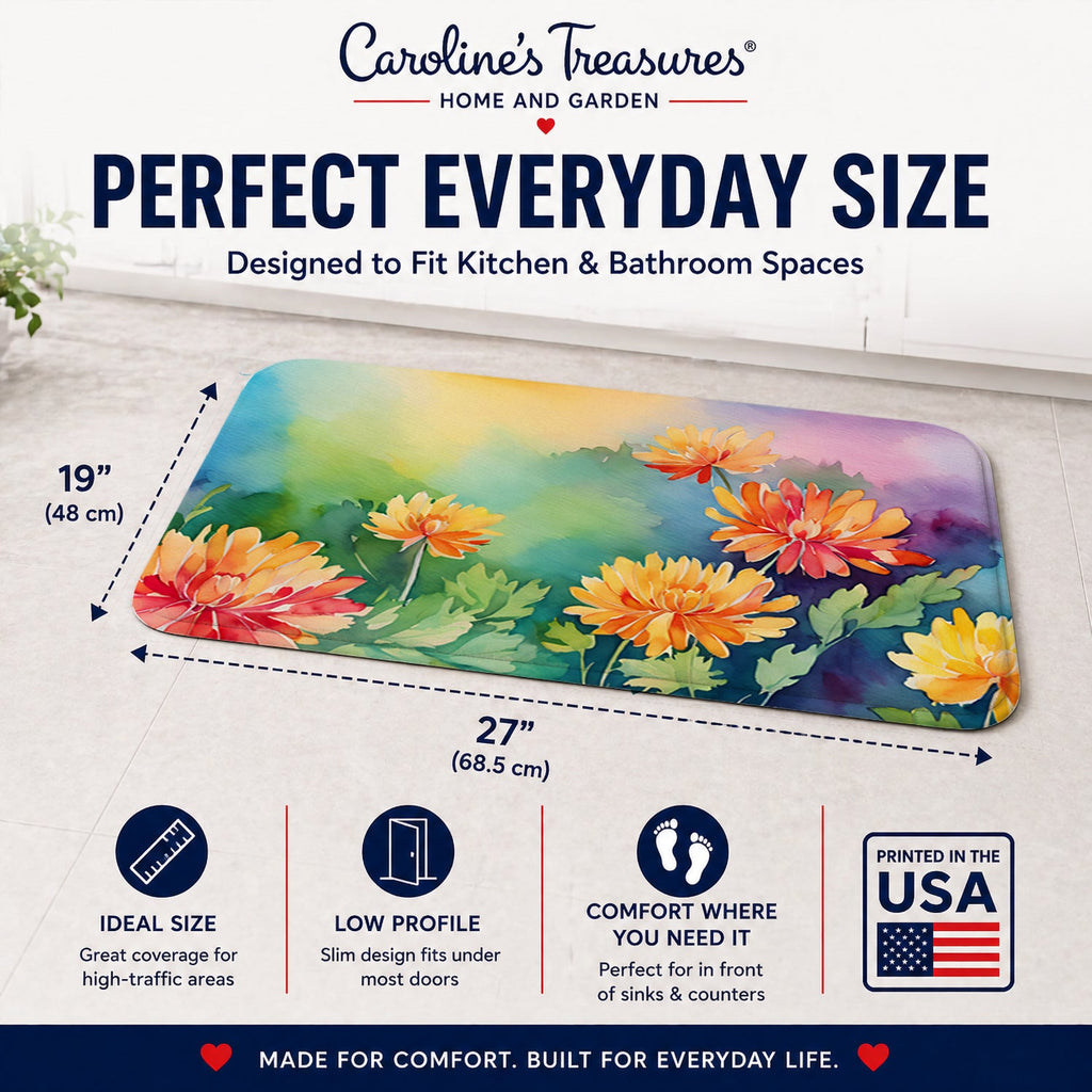 Chrysanthemums in Watercolor Memory Foam Kitchen Mat Machine Washable Anti-Fatigue Cushion Comfort Bath or Kitchen Rug
