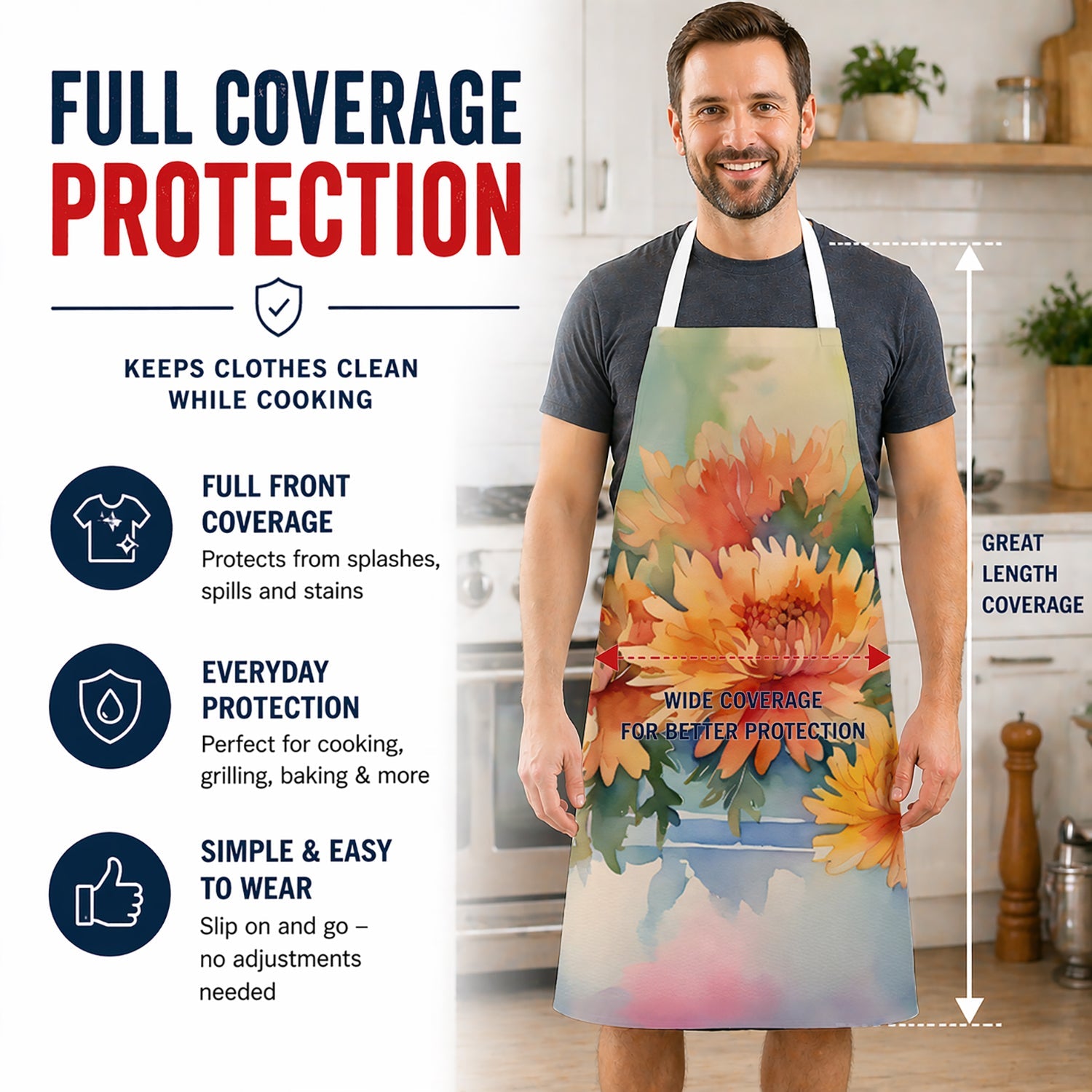 Chrysanthemums in Watercolor Apron Cooking Kitchen Server Baking Crafts Gardening for Adult Women Men, Unisex, Large, Multicolor