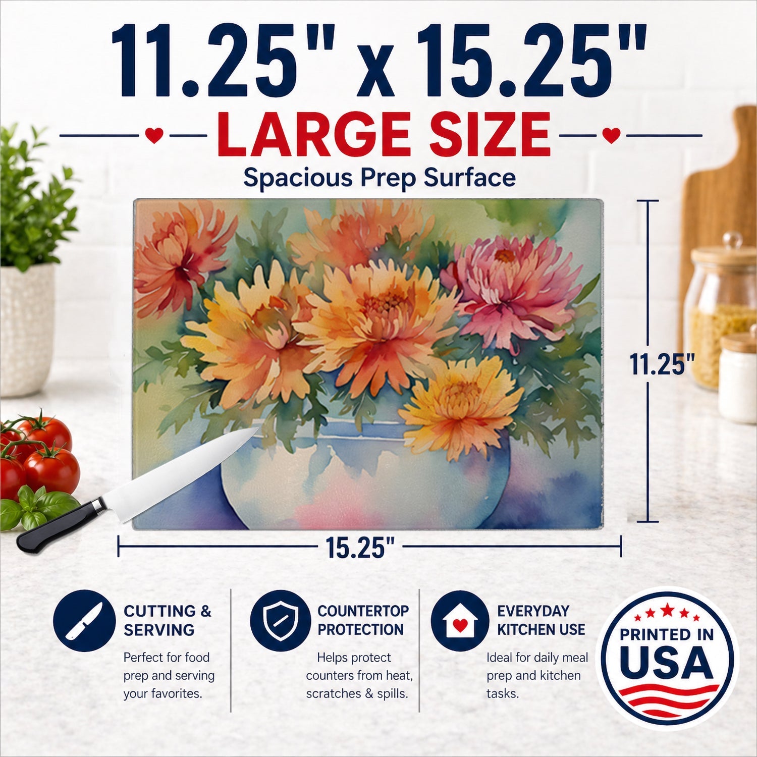 Chrysanthemums in Watercolor Cutting Board Tempered Glass Kitchen Cutting Surface, Heat Resistant Chopping, Non-Slip Feet, Food Prep & Serving