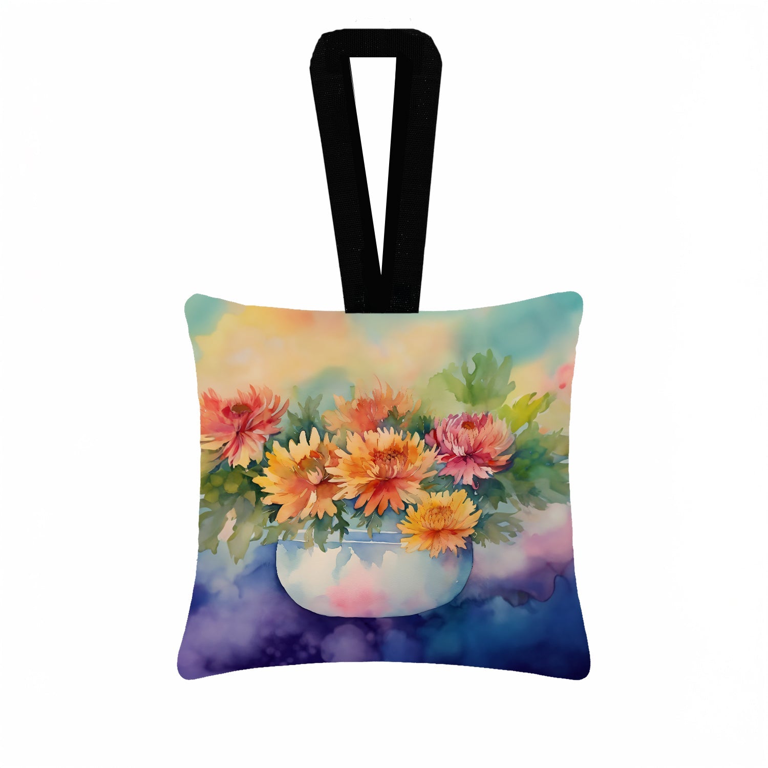 Chrysanthemums in Watercolor Hanging Square Fabric Ornament 3.5 × 3.5 Decorative Door-Knob & Tree Hanger, Soft Fabric
