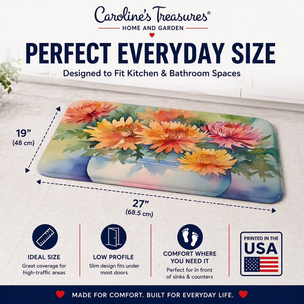 Chrysanthemums in Watercolor Memory Foam Kitchen Mat Machine Washable Anti-Fatigue Cushion Comfort Bath or Kitchen Rug