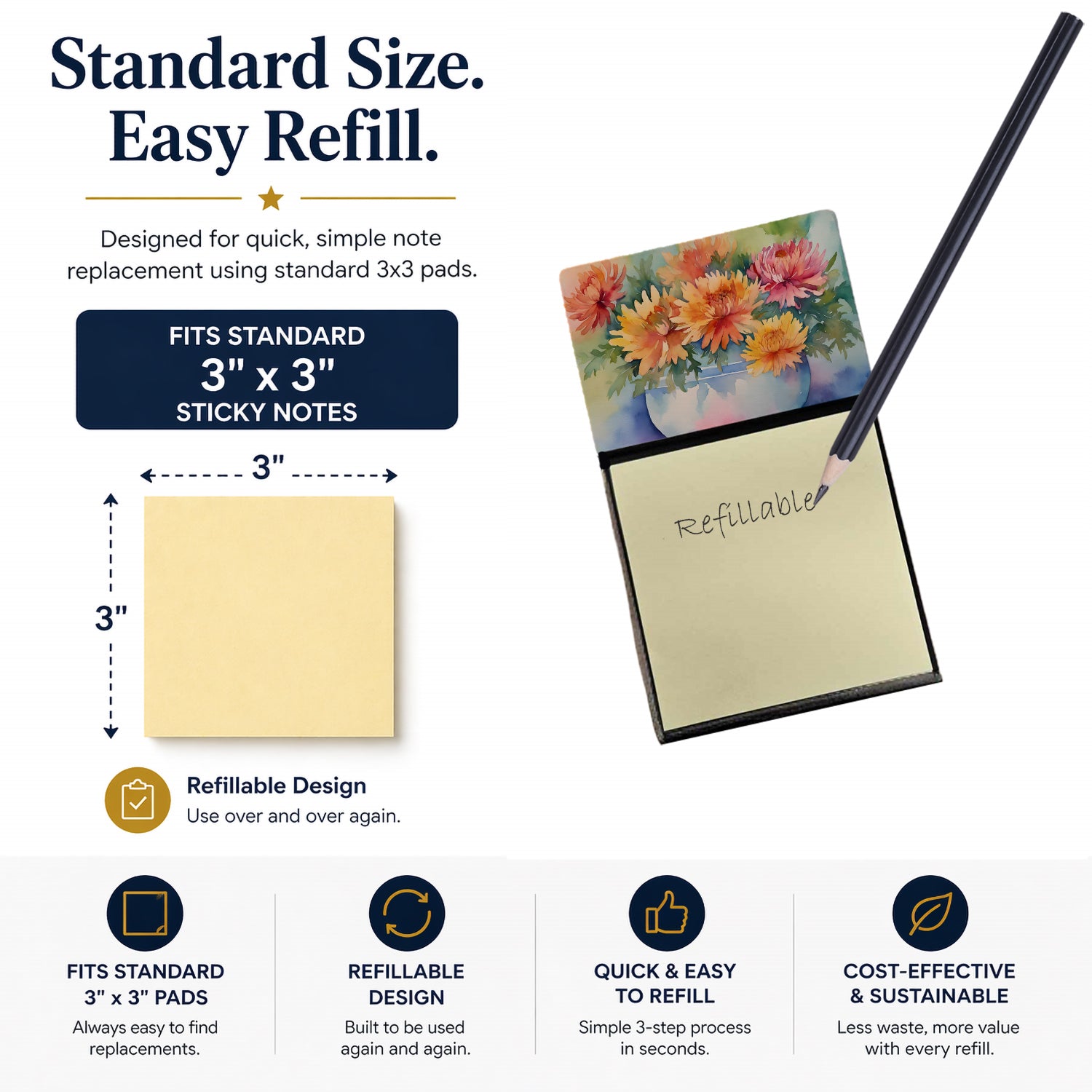 Chrysanthemums in Watercolor Watercolor Sticky Note Holder Refillable Dispenser Desk Accessory 3x3 Pad Gift