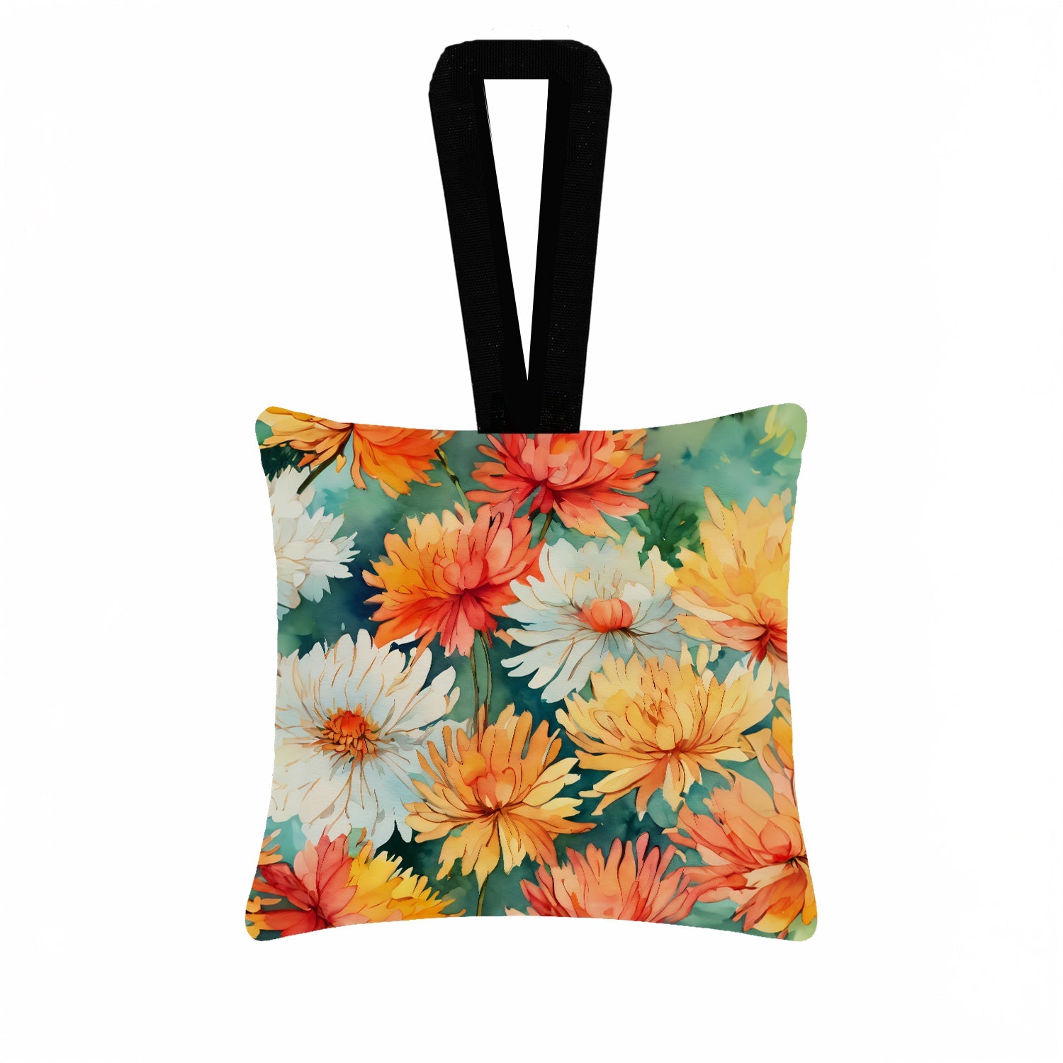 Chrysanthemums in Watercolor Hanging Square Fabric Ornament 3.5 × 3.5 Decorative Door-Knob & Tree Hanger, Soft Fabric