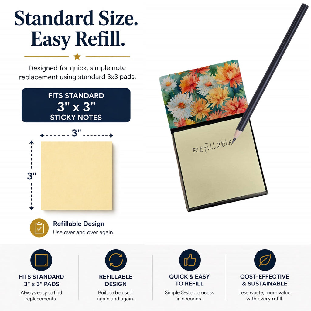 Chrysanthemums in Watercolor Watercolor Sticky Note Holder Refillable Dispenser Desk Accessory 3x3 Pad Gift