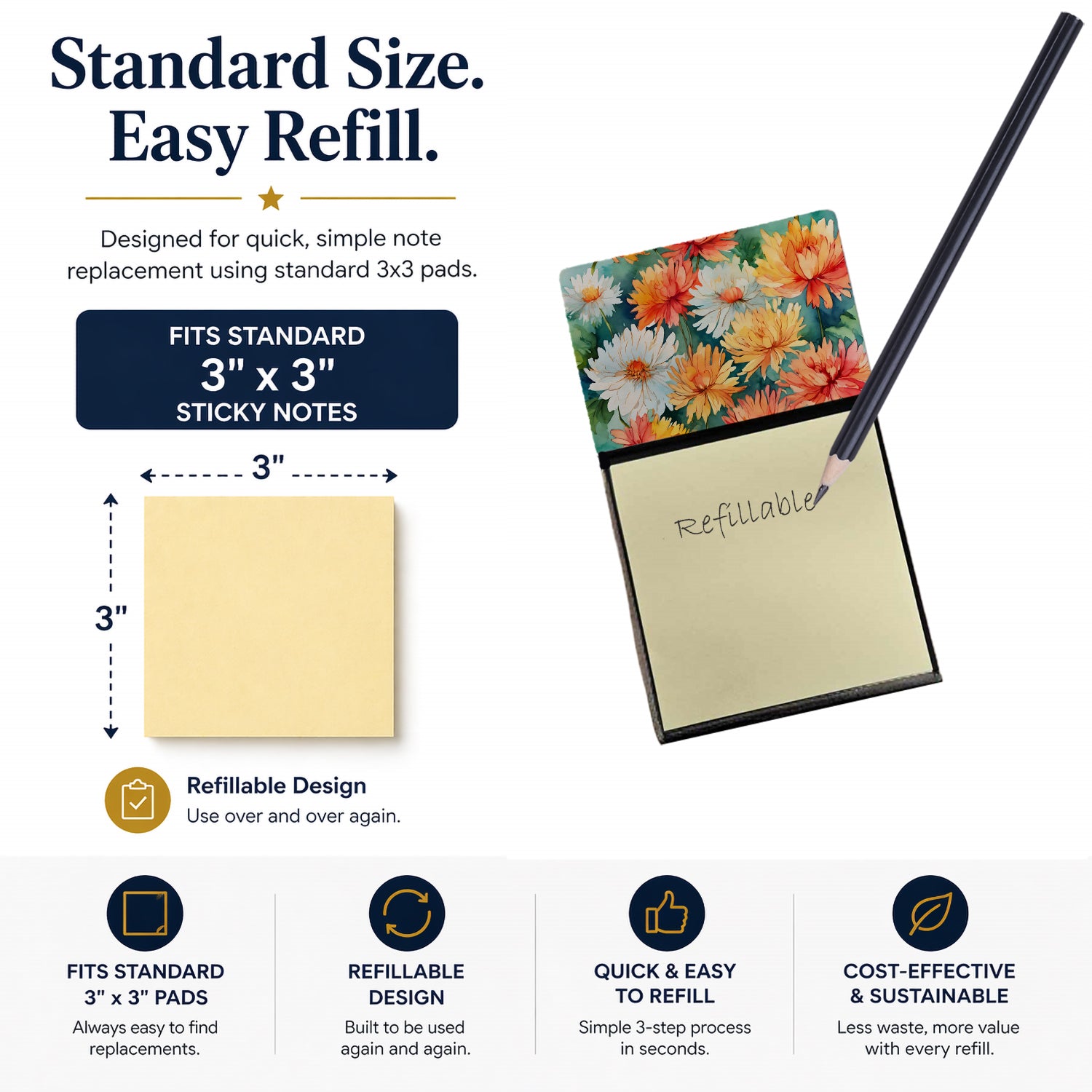 Chrysanthemums in Watercolor Watercolor Sticky Note Holder Refillable Dispenser Desk Accessory 3x3 Pad Gift