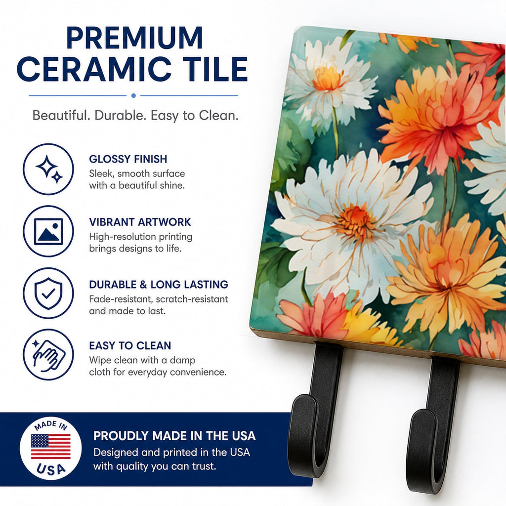 Chrysanthemums in Watercolor Leash or Key Holder Wall Hooks, Coat Rack Wall Mount, for Hanging Keys, Towels, Aprons, Leashes