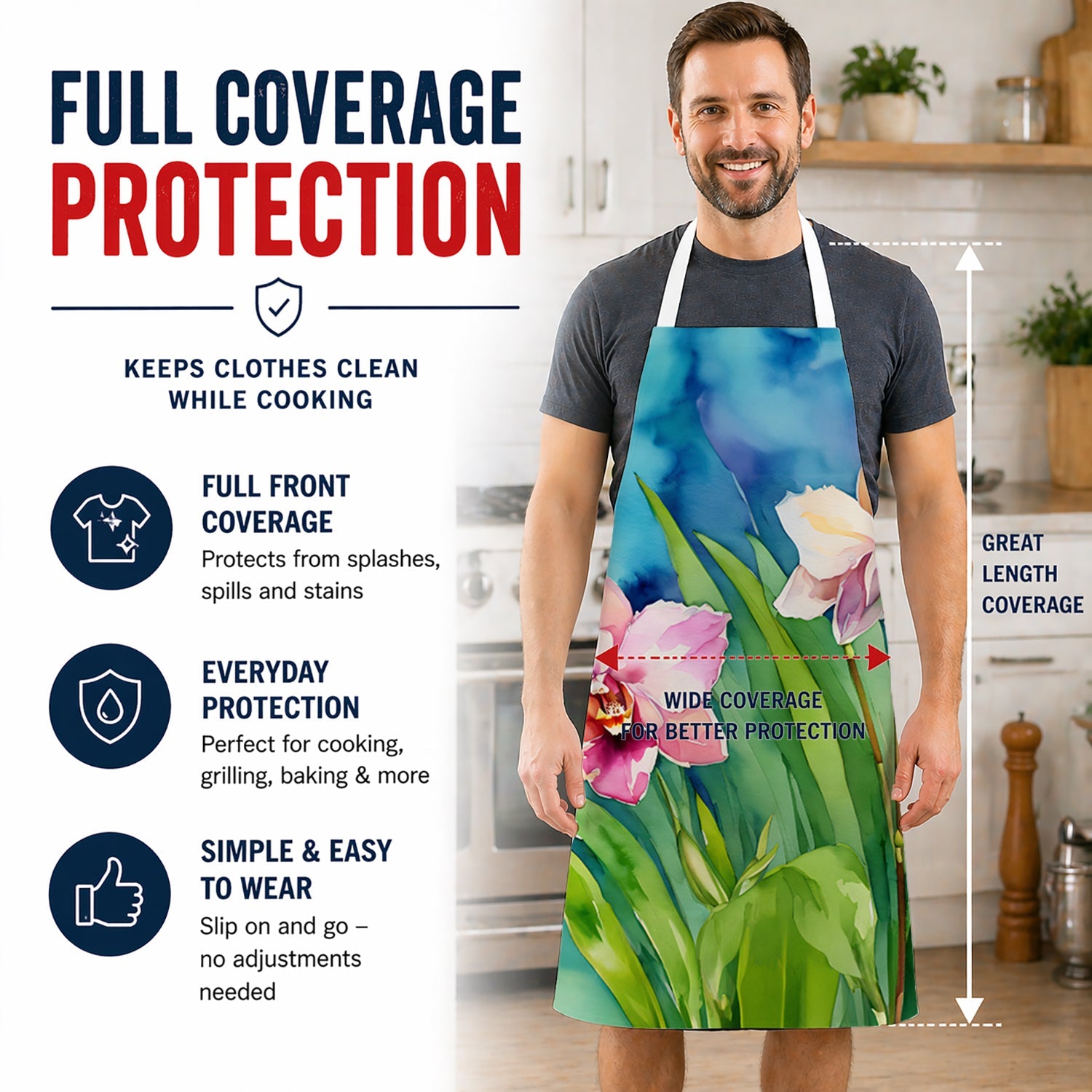 Orchids in Watercolor Apron Cooking Kitchen Server Baking Crafts Gardening for Adult Women Men, Unisex, Large, Multicolor