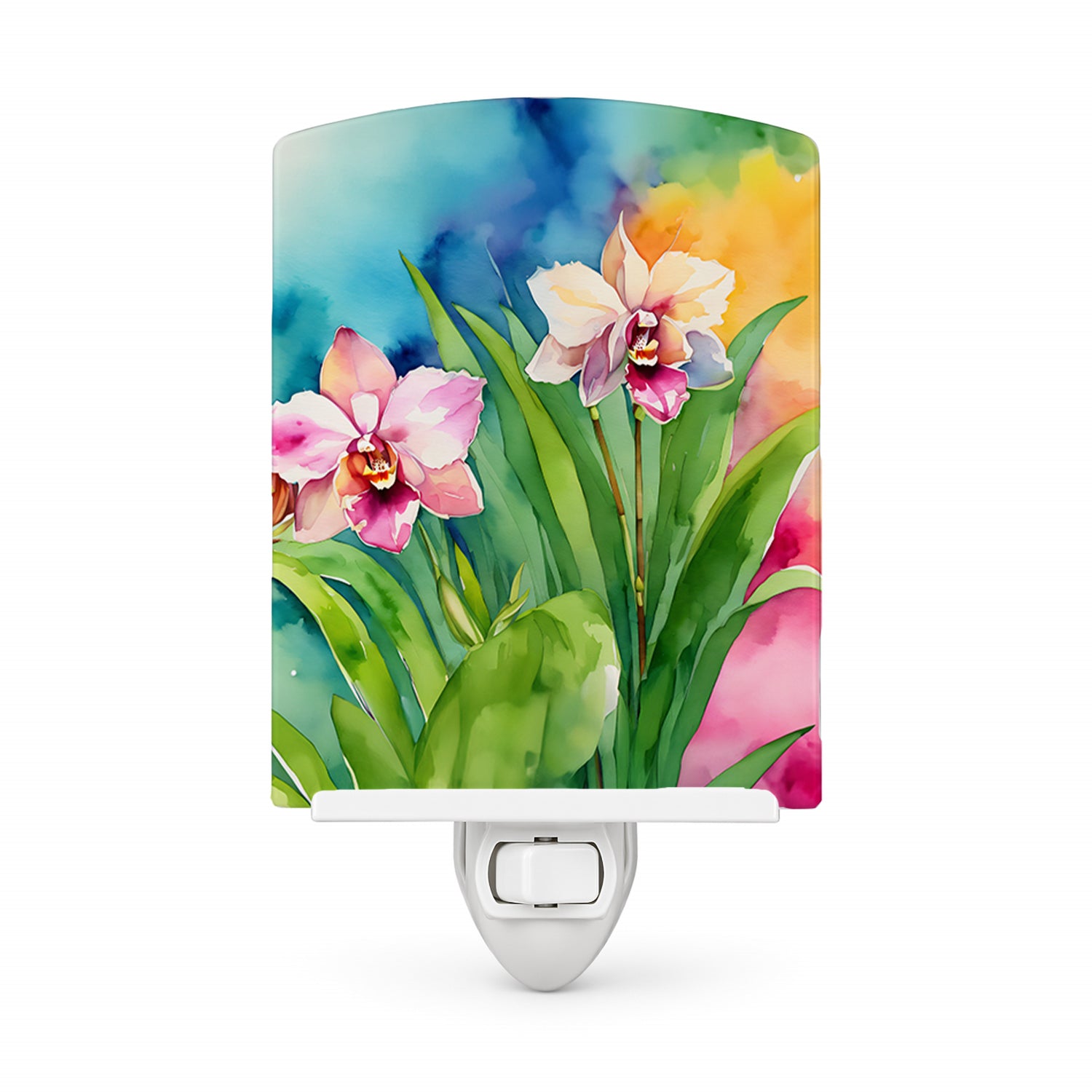 Orchids in Watercolor Ceramic Night Light Compact, UL-Certified, Ideal for Bedroom, Bathroom, Nursery, Hallway, Kitchen, 6x4x3, Multicolor