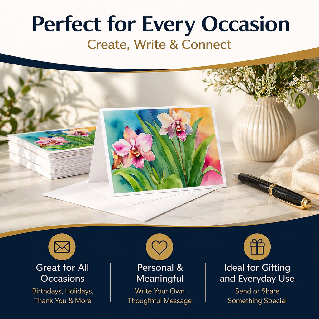 Orchids in Watercolor Greeting Cards Pack of 8 Blank Cards with Envelopes Whimsical A7 Size 5x7