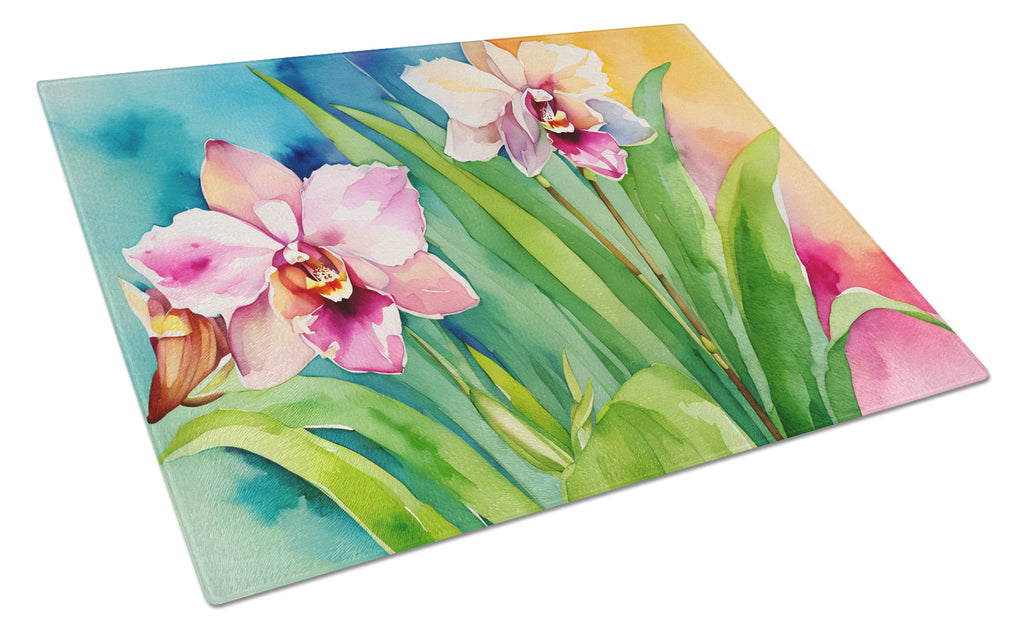 Orchids in Watercolor Cutting Board Tempered Glass Kitchen Cutting Surface, Heat Resistant Chopping, Non-Slip Feet, Food Prep & Serving