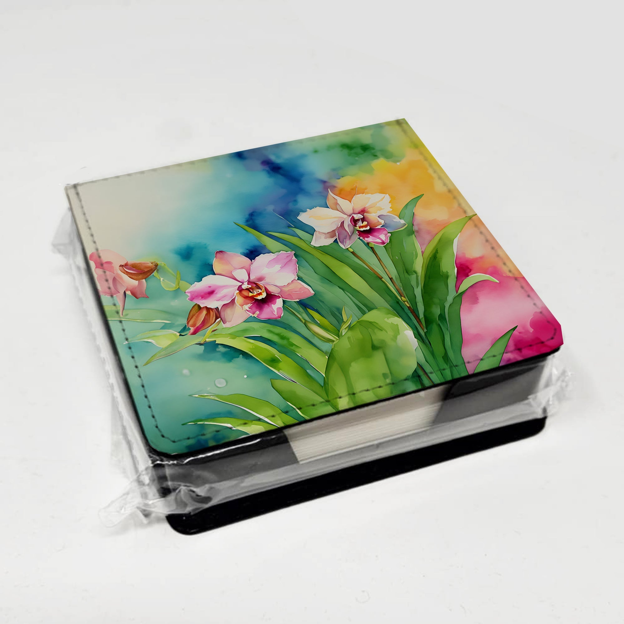 Orchids in Watercolor PU Leather Note Paper Holder with Artist-Designed Cover, Desk Accessory, Office Gift