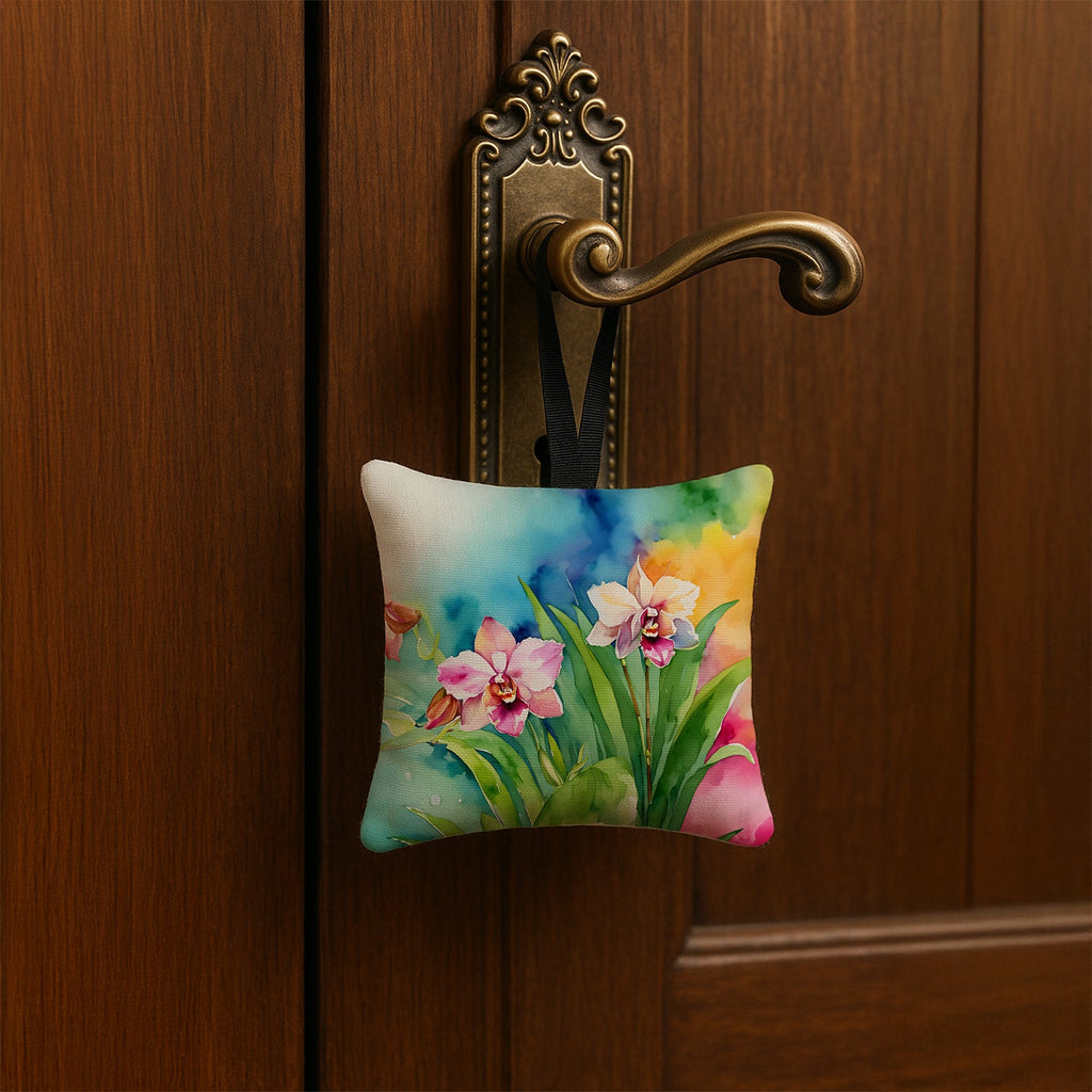 Orchids in Watercolor Hanging Square Fabric Ornament 3.5 × 3.5 Decorative Door-Knob & Tree Hanger, Soft Fabric